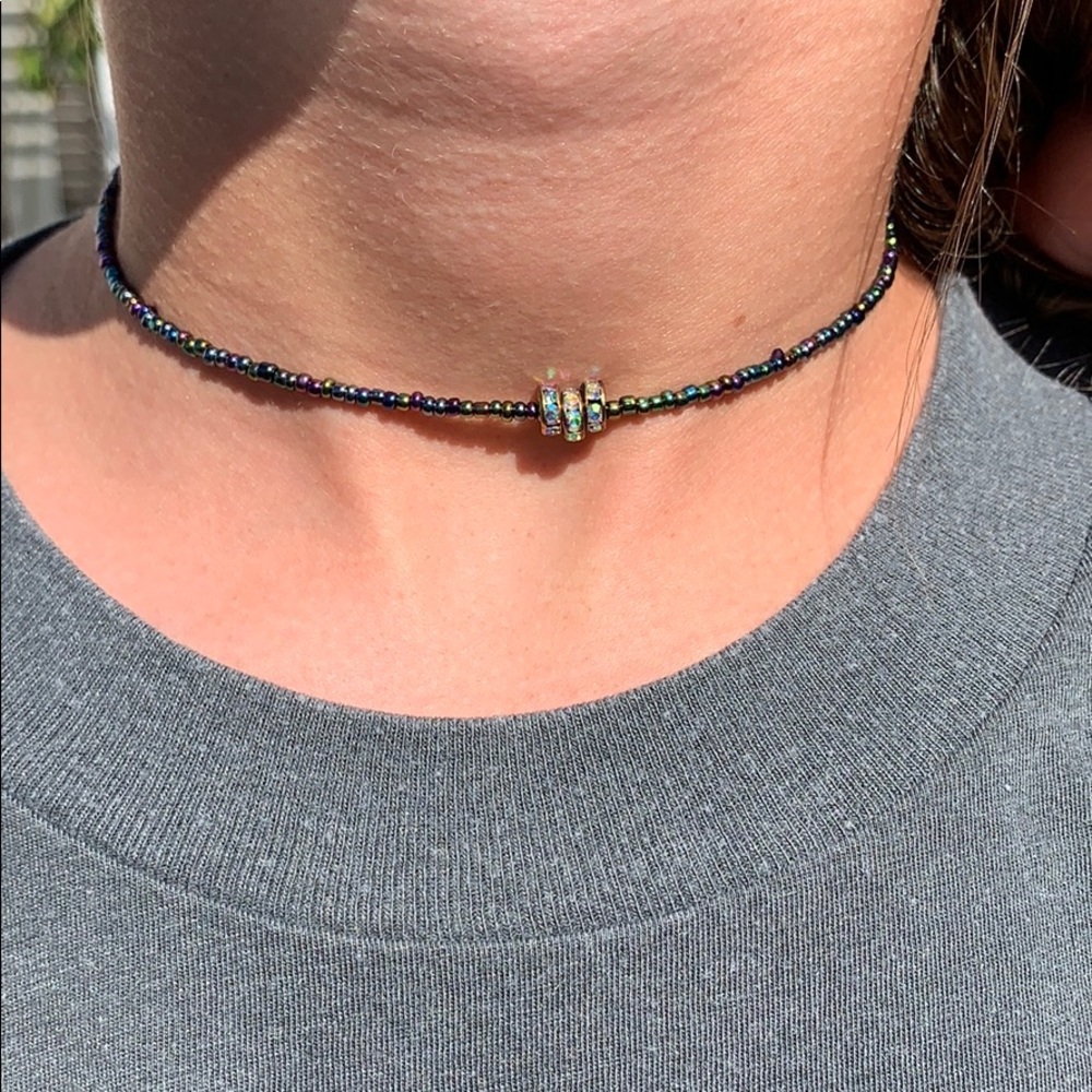 Iridescent seed bead choker with disc charms
